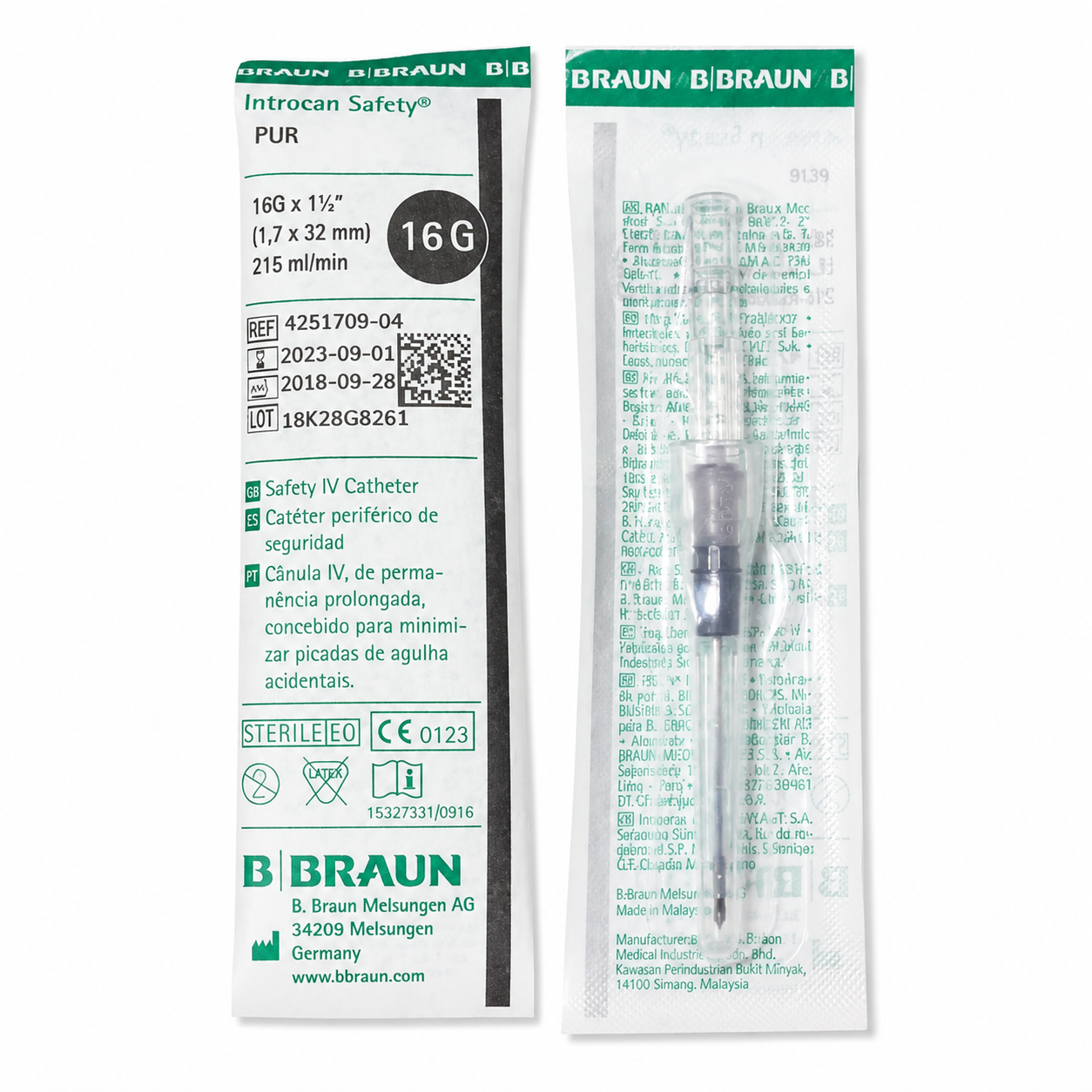 Catéter intravenoso Introcan Safety G-16 1.7x32mm B Braun con sistema de seguridad estéril