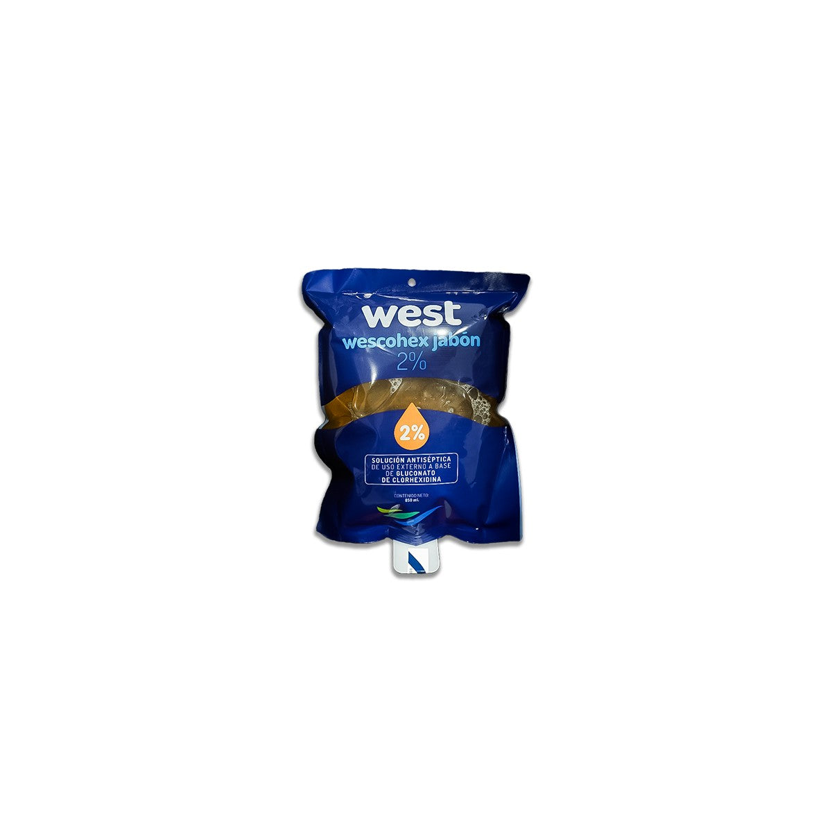 Jabón antiséptico W escohex 2% en líquido naranja, formulado con gluconato de clorhexidina, presentado en envase de 500 ml.