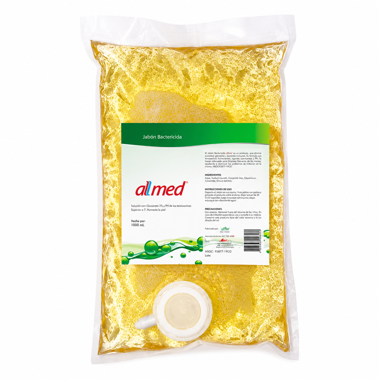 Jabón Bactericida Allmed 1000 mL bolsa dispensadora x unidad para higiene y desinfección de manos en entornos médicos y hospitalarios