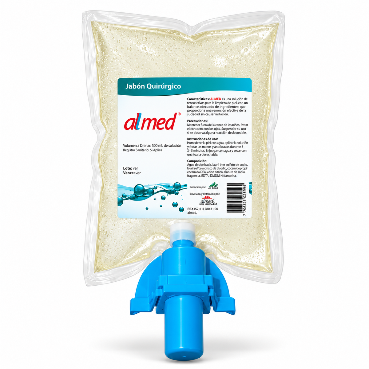 Jabón bactericida en espuma Allmed de 500 ml, presentación en bolsa con dispensador antibacterial para uso clínico.