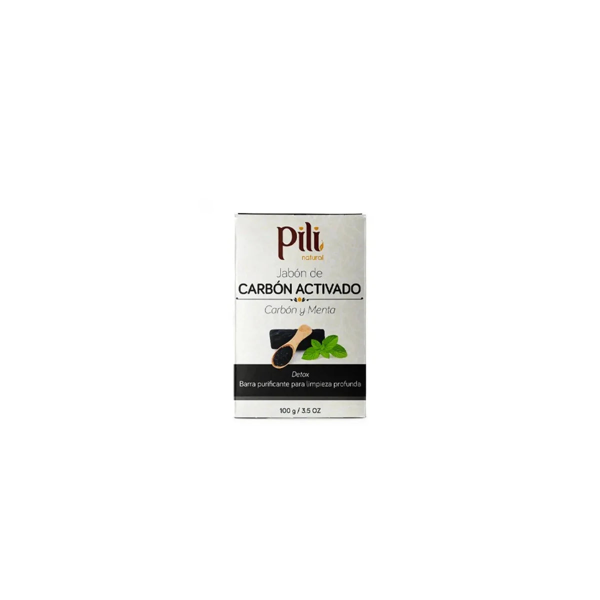 Jabón de Carbón Activado Pili, barra de 100g, color negro con vetas, formulado con Carbón Activado y Aceite Esencial de Menta Piperita.