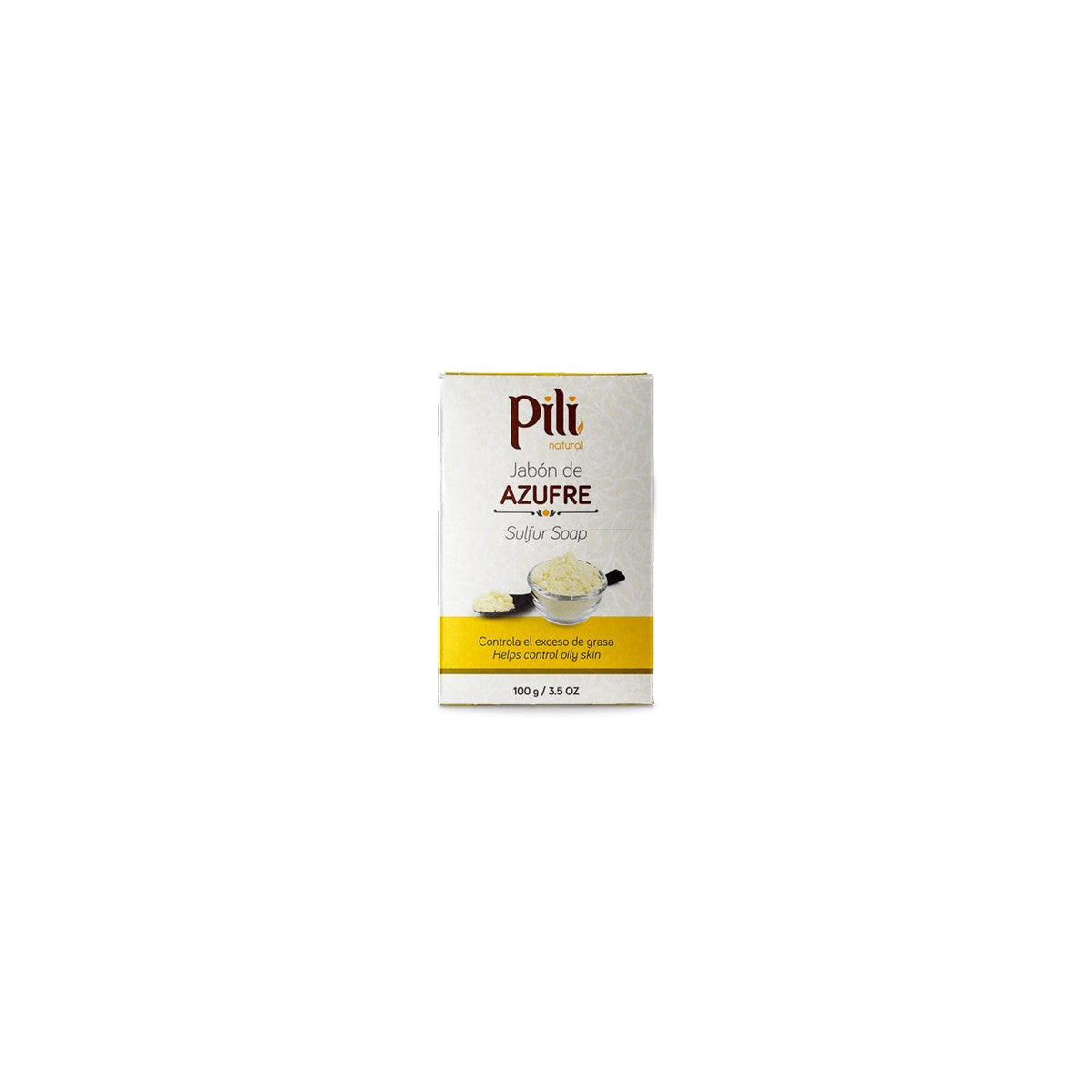 Jabón de azufre de 100g de la marca Pili, antibacterial y purificante, en barra de color amarillo con textura suave.