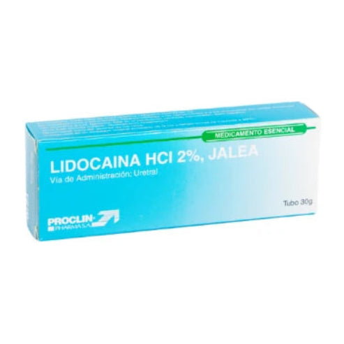 Jalea de lidocaína clorhidrato 2% en tubo de 30g, color blanco, con tapa de rosca y etiquetado claro de la marca Proclin.