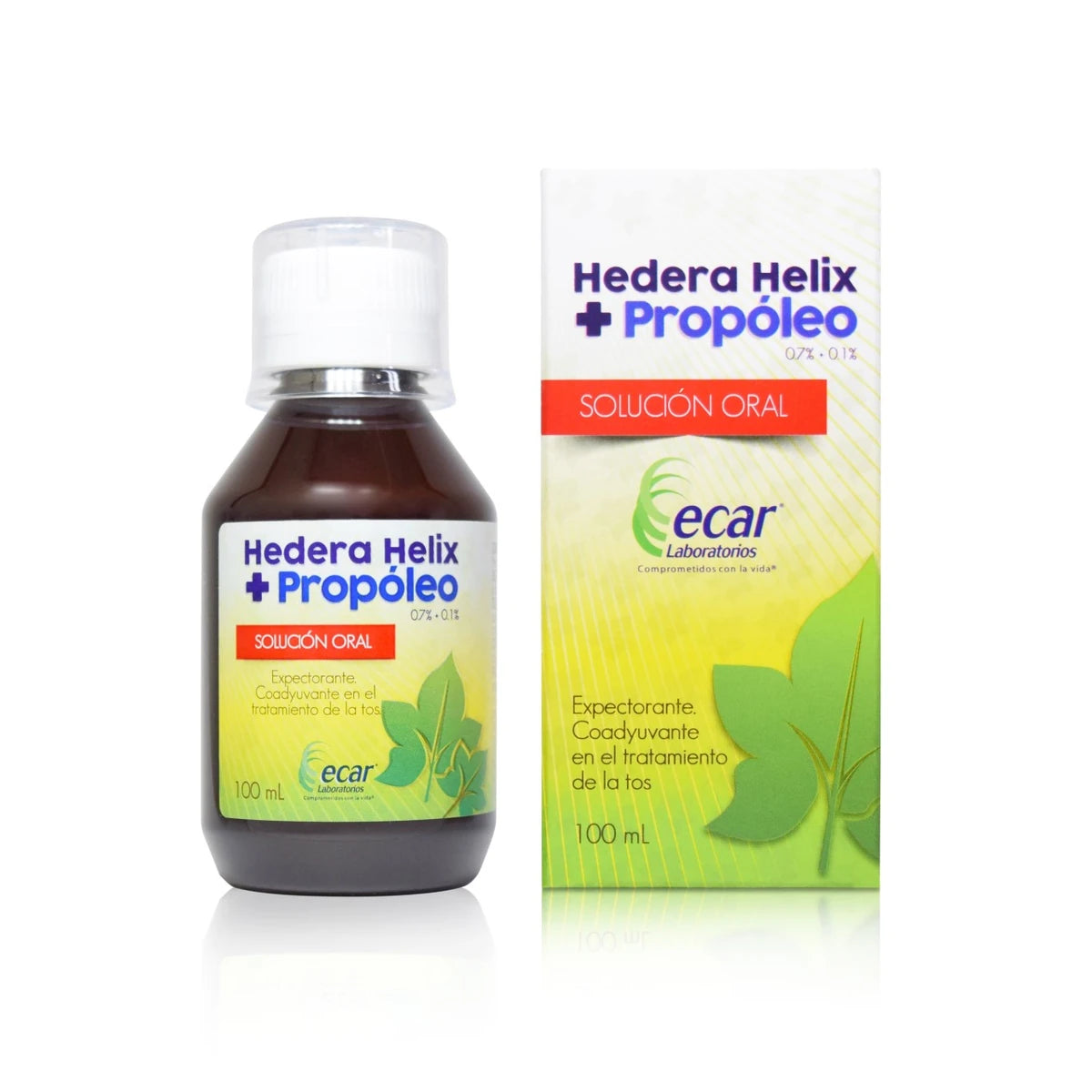 Jarabe Hedera Helix de 100 ml con propóleo, envase de plástico transparente, líquido marrón, etiquetado con información del producto.