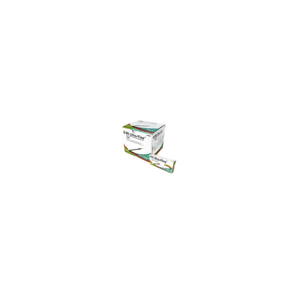 Jeringa BD Ultra-Fine™ de 1 mL con aguja integrada de 13 mm x 30G, cilindro de polipropileno y émbolo de poliestireno, fondo blanco.