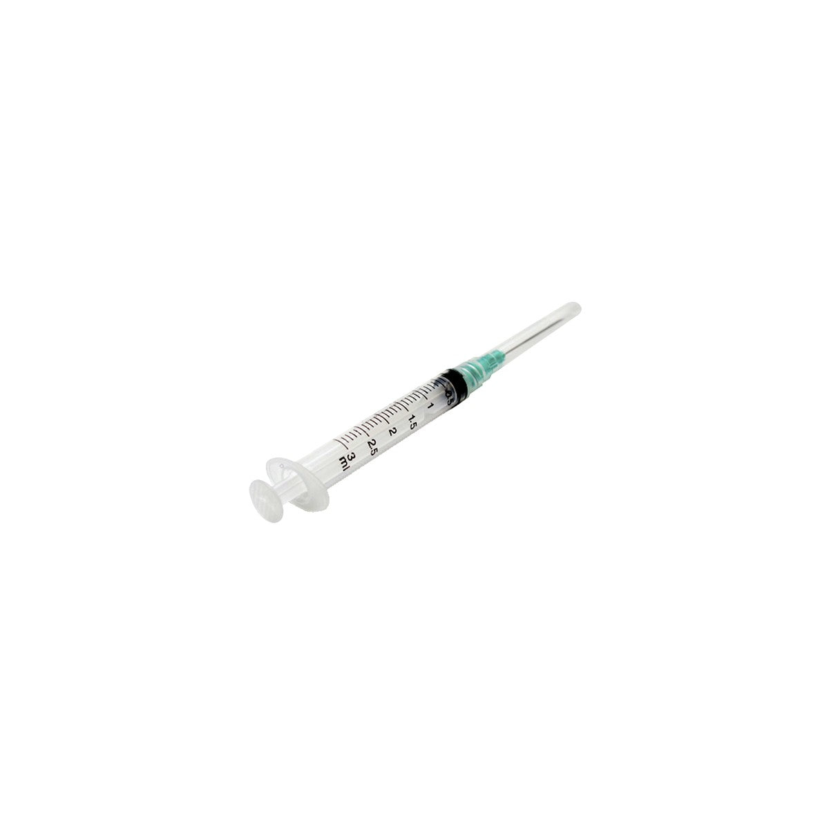 Jeringa B.D de 3 ml, 21G, 3 partes, color transparente, con escala graduada y émbolo de fácil manejo, sobre fondo blanco.