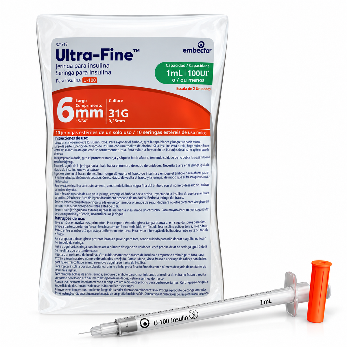 Jeringa BD autocontenida para insulina de 1 ml, referencia 324918, diseñada para facilitar la aplicación subcutánea de insulina.
