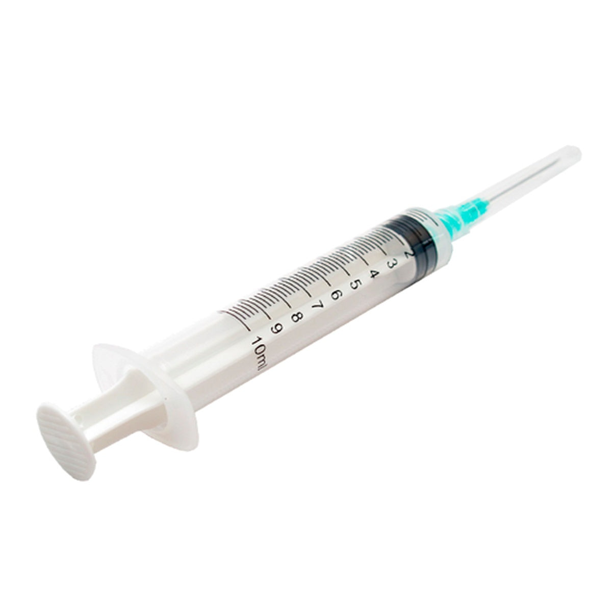 Jeringa estéril desechable PRECISION CARE de 10 ml, con cilindro transparente de polipropileno, émbolo de caucho y aguja de acero inoxidable.