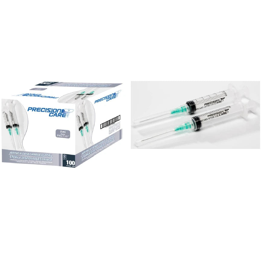 Jeringa de precisión de 3 ml, aguja de 23G, color transparente, con rosca, ideal para aplicaciones clínicas y técnicas.