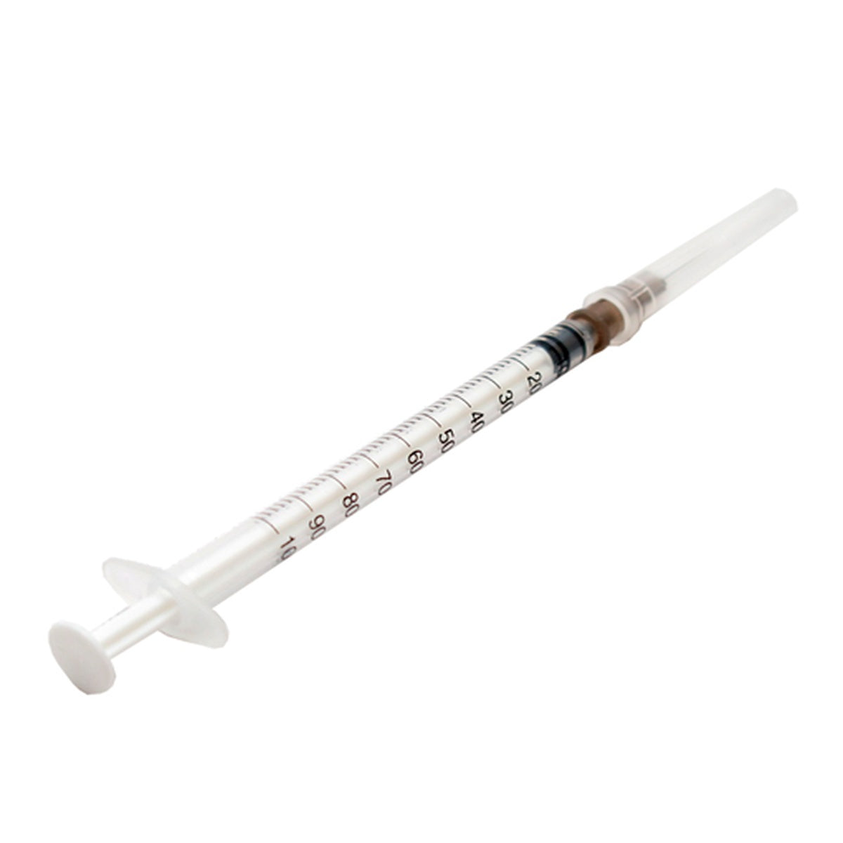 Jeringa estéril desechable Precision Care de 1 ml, con cilindro transparente de polipropileno, aguja de acero inoxidable y émbolo con punta de caucho.