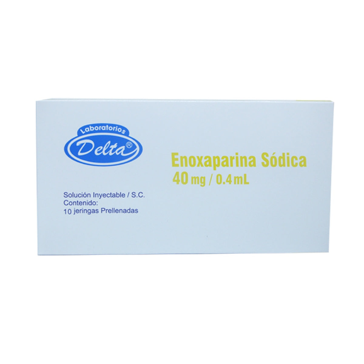 Jeringa prellenada de Enoxaparina Sódica 40 mg/0,4 ml, fabricada en vidrio incoloro, con aguja de acero inoxidable y tapón de caucho.