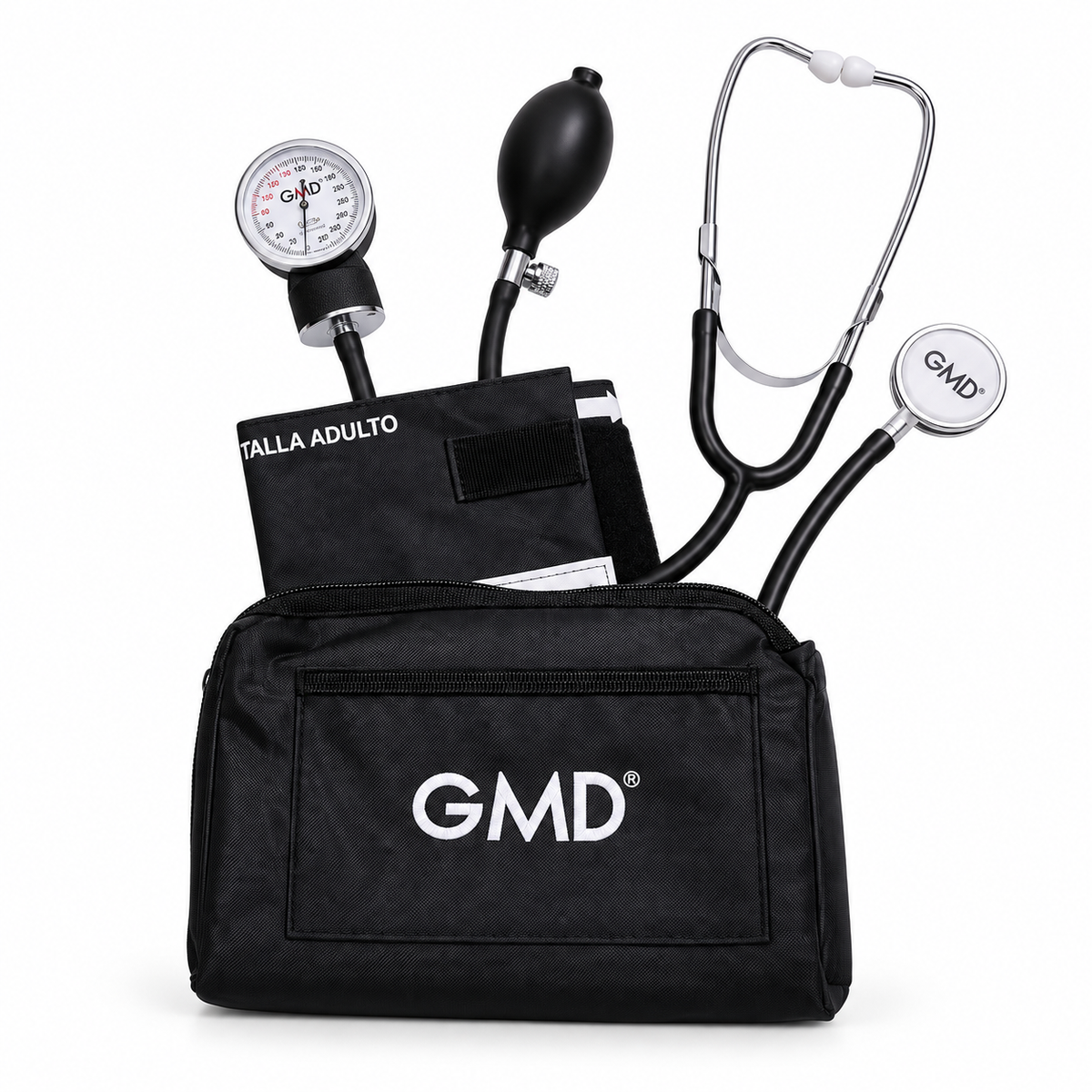 Kit Colors con tensiómetro y fonendoscopio de doble campana color negro, diseñado para apoyar la medición de presión arterial y la auscultación clínica.