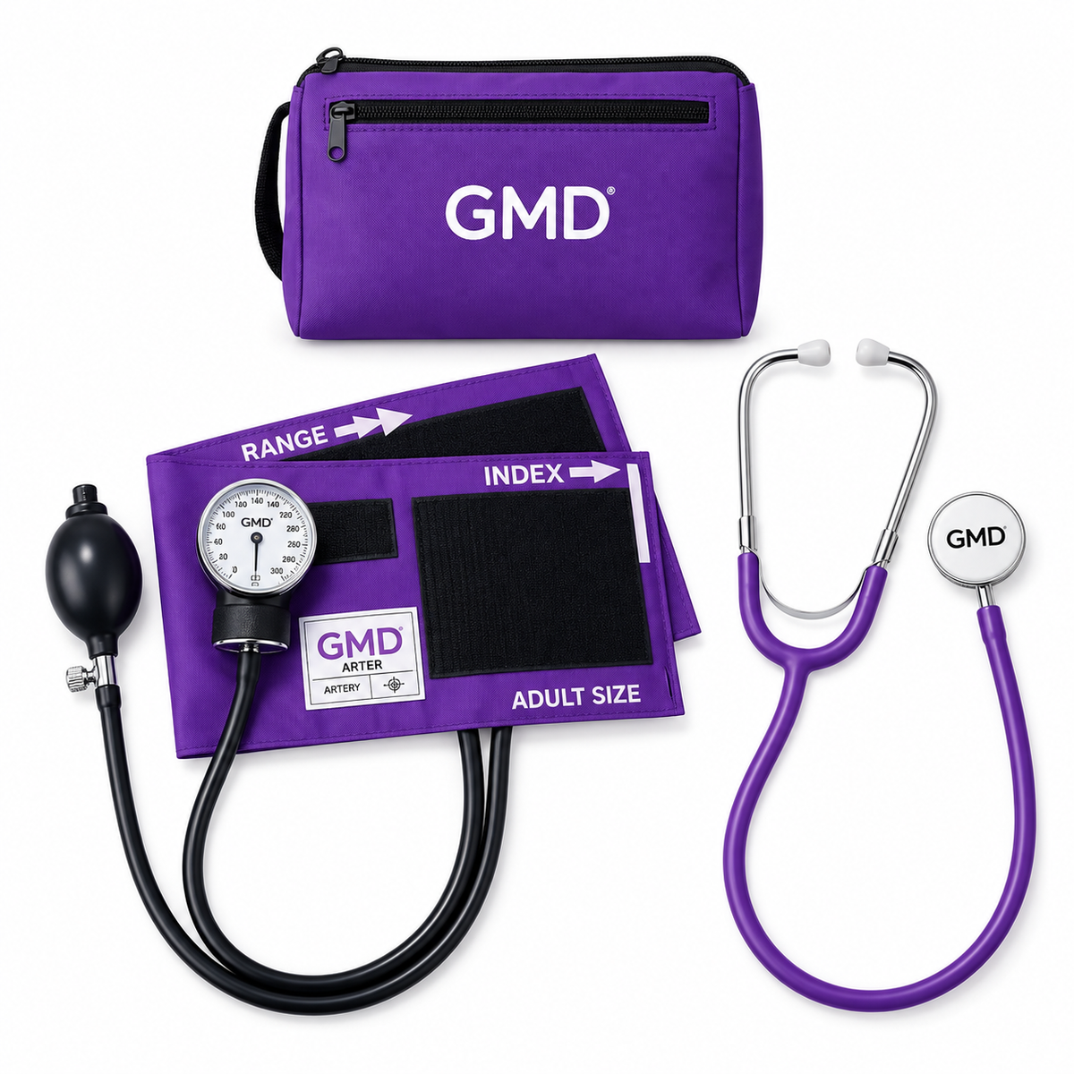 Kit Colors con tensiómetro y fonendoscopio de doble campana color púrpura, diseñado para apoyar la medición de presión arterial y la auscultación clínica.