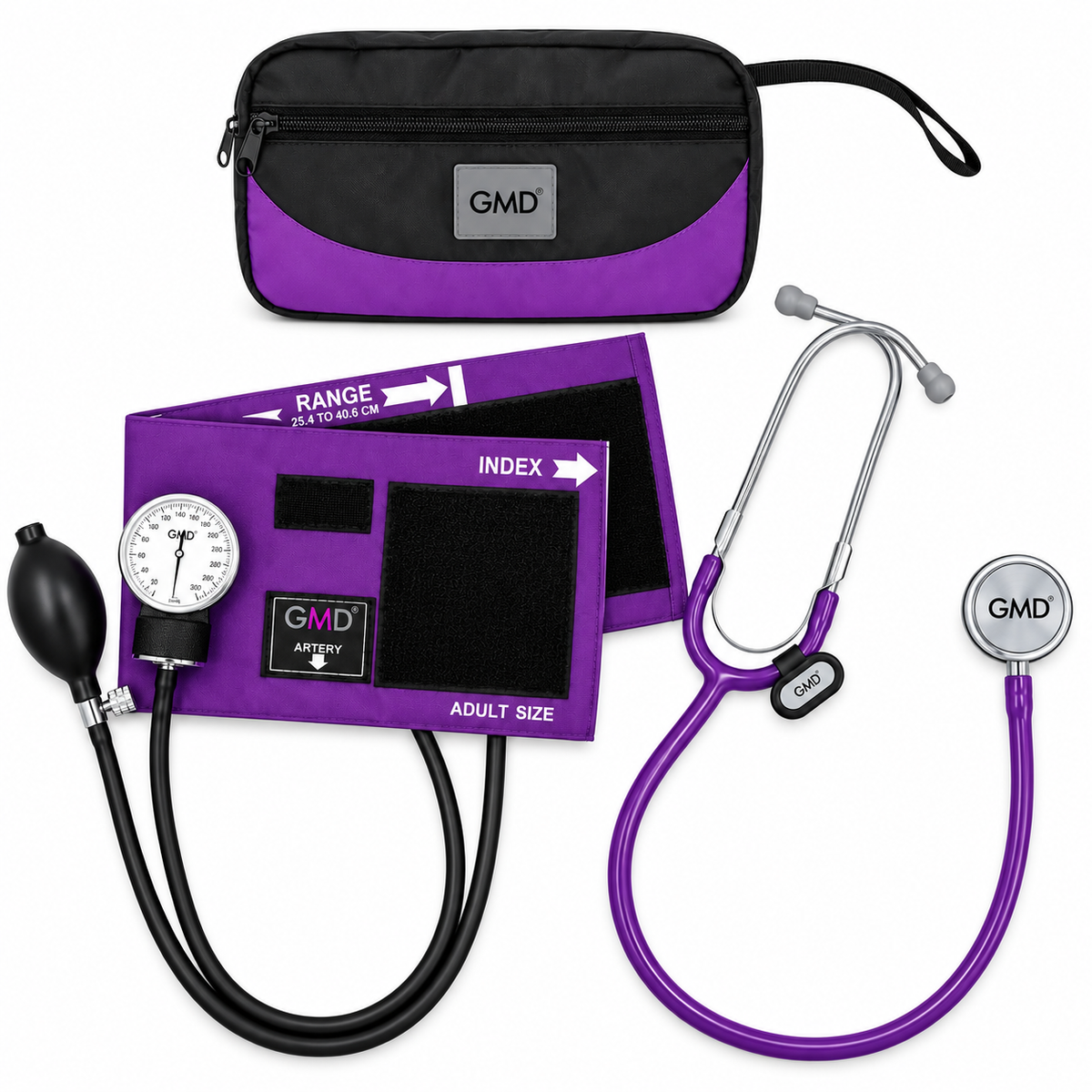 Kit F.C. con tensiómetro y fonendoscopio Rappaport de doble campana con estuche, diseñado para apoyar la medición de presión arterial y la auscultación clínica.