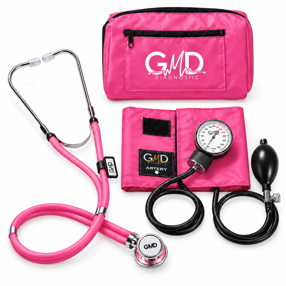Kit Colors con tensiómetro y fonendoscopio Rappaport de doble campana color rosa, diseñado para apoyar la medición de presión arterial y la auscultación clínica.