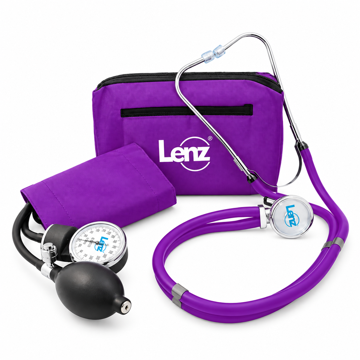 Kit diagnóstico Lenz color púrpura con tensiómetro y fonendoscopio, diseñado para apoyar la toma de presión arterial y la auscultación.