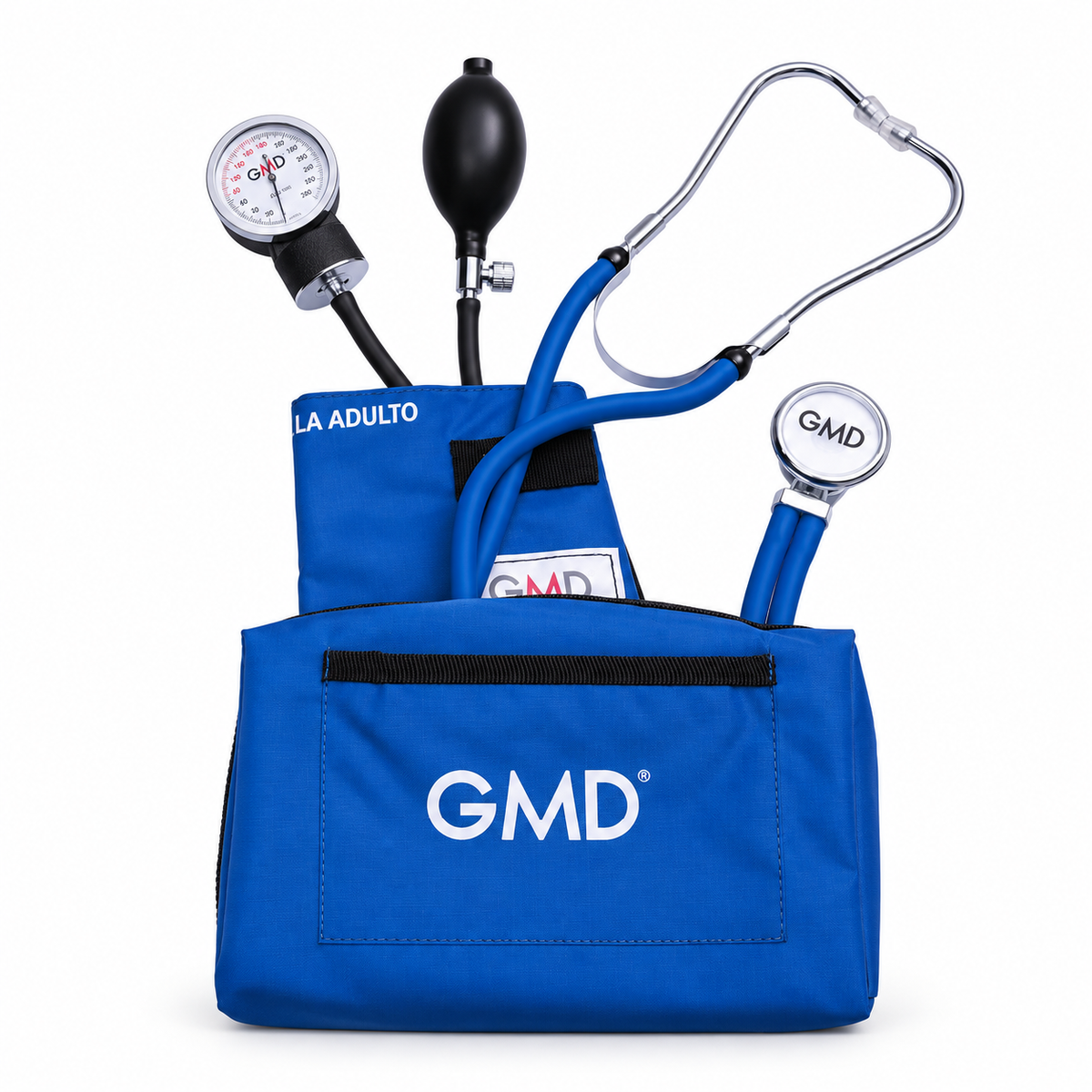 Kit F.C. con tensiómetro y fonendoscopio Rappaport de doble campana con estuche, diseñado para apoyar la medición de presión arterial y la auscultación clínica.