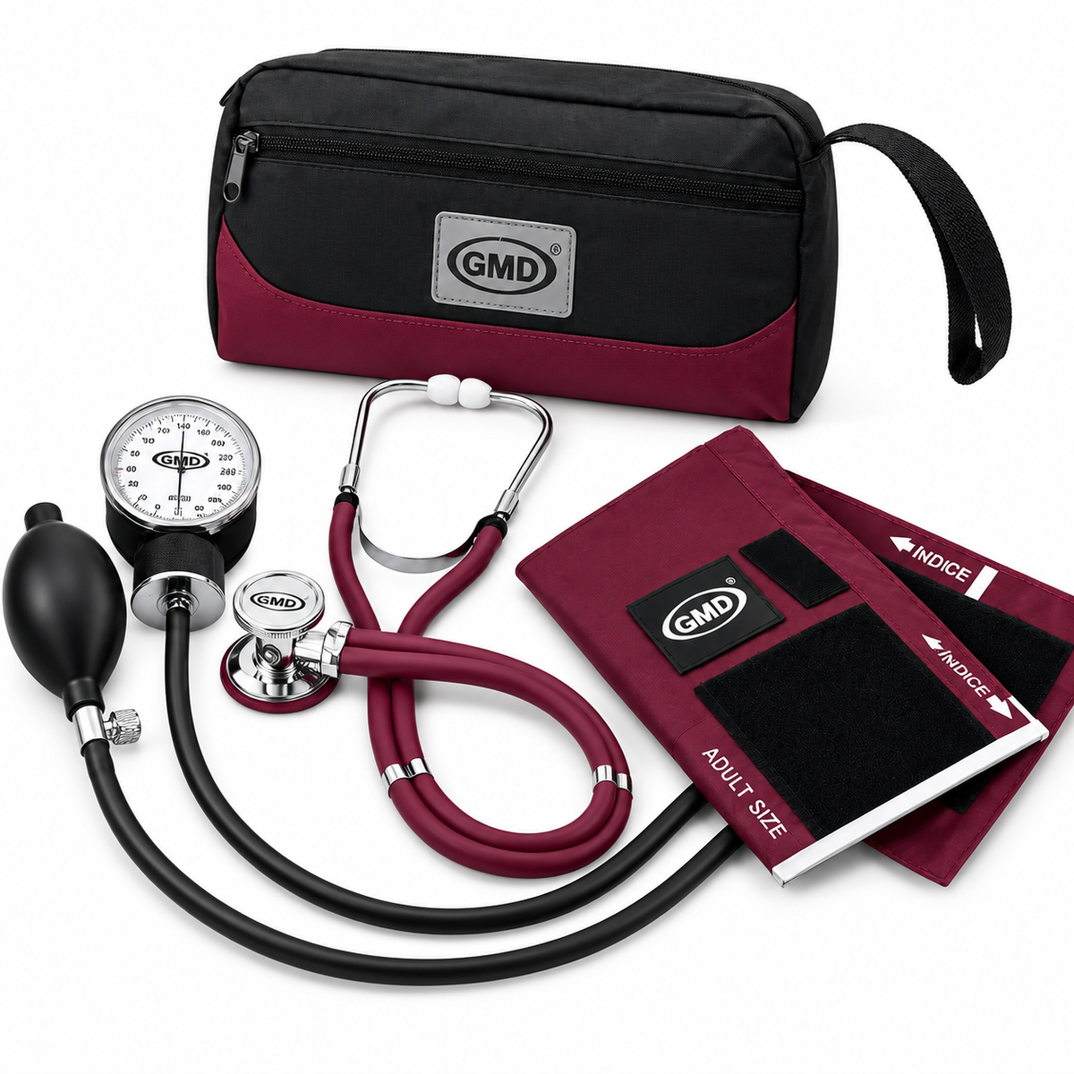 Kit F.C. con tensiómetro y fonendoscopio Rappaport de doble campana con estuche, diseñado para apoyar la valoración de signos vitales.