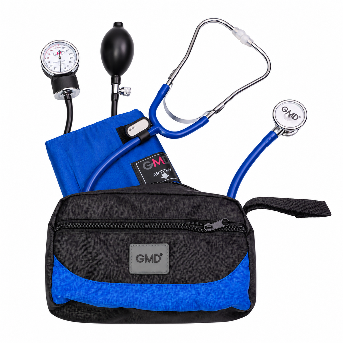 Kit F.C. de tensiómetro y fonendoscopio Rappaport de doble campana en color negro y azul con estuche para uso clínico profesional.