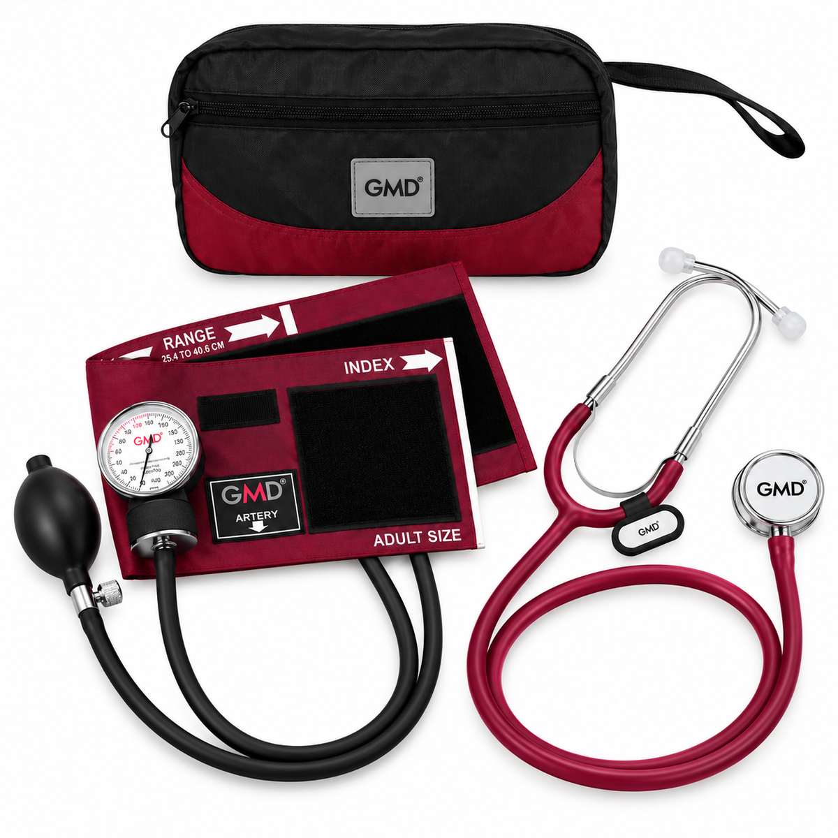 Kit F.C. de tensiómetro y fonendoscopio Rappaport de doble campana en color negro y vinotinto con estuche para uso clínico profesional.