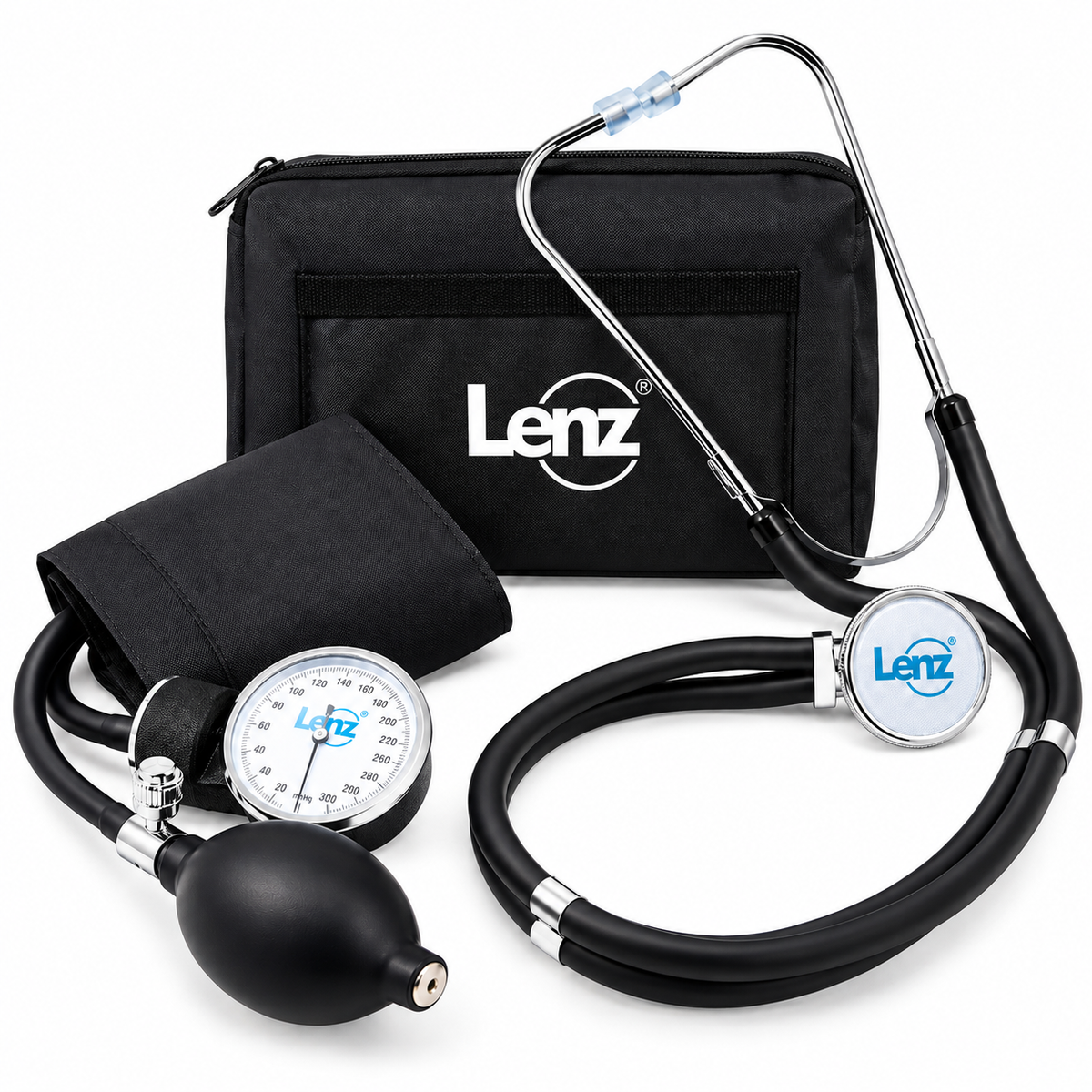 Kit médico Lenz GZ50 negro con tensiómetro y fonendoscopio, práctico para valoraciones de presión arterial y auscultación.
