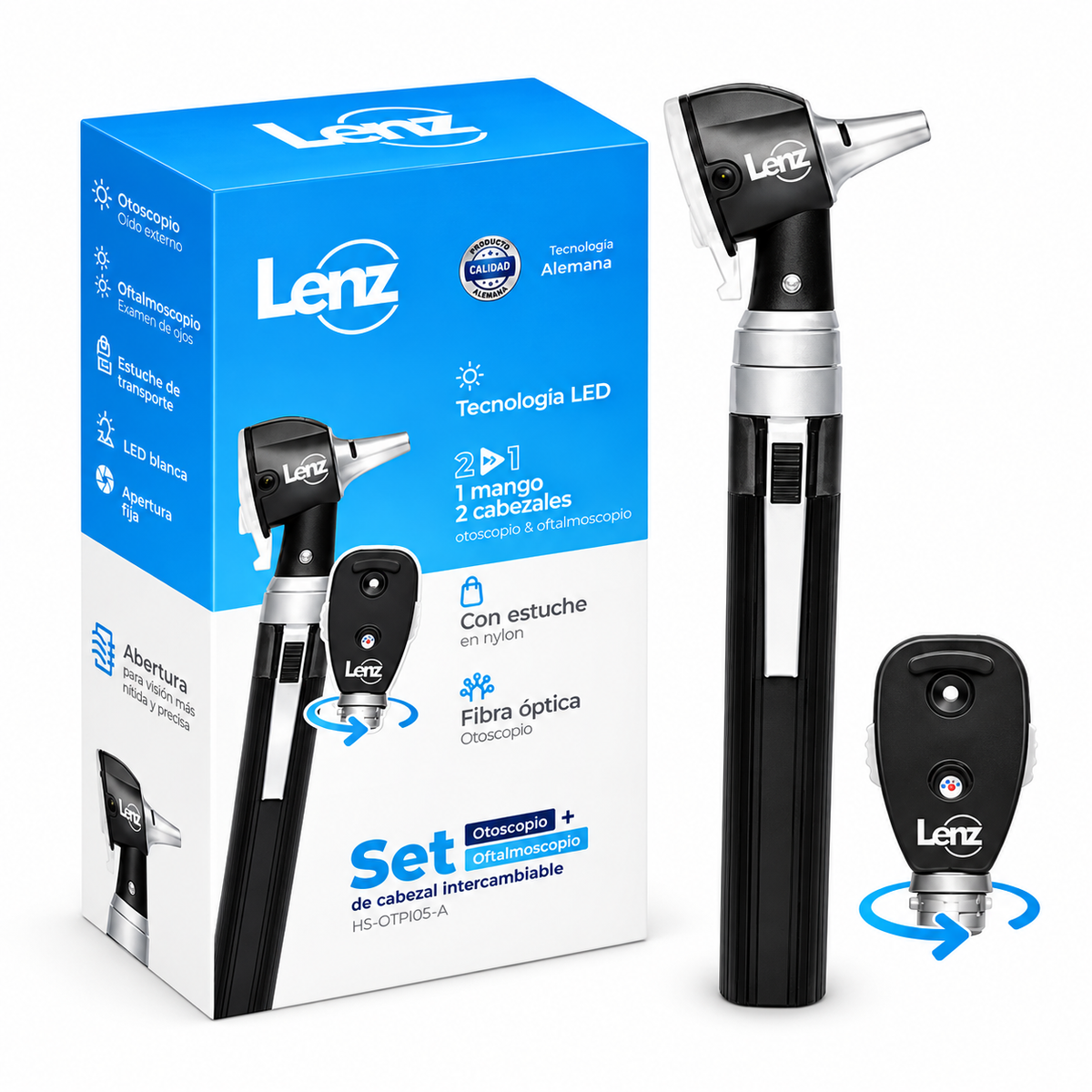 Kit de órganos de los sentidos HS-OTP10S-A con otoscopio y oftalmoscopio, diseñado para apoyar la exploración clínica de oído y ojos.