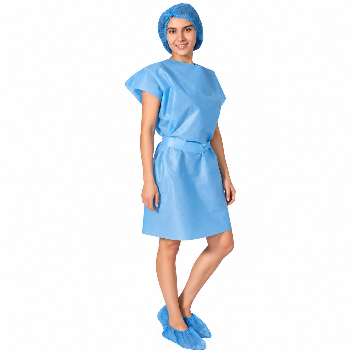 Kit Paciente No. 1 Allmed con gorro redondo, polaina y bata japonesa, diseñado para brindar comodidad y protección durante procedimientos.