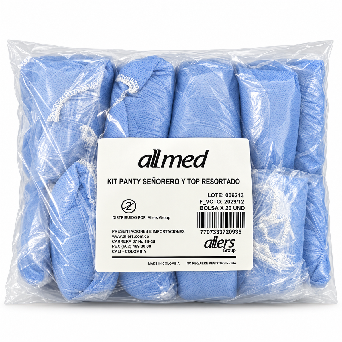 Kit Allmed de panty señorero y top resortado, presentación de 20 unidades para uso médico y hospitalario.