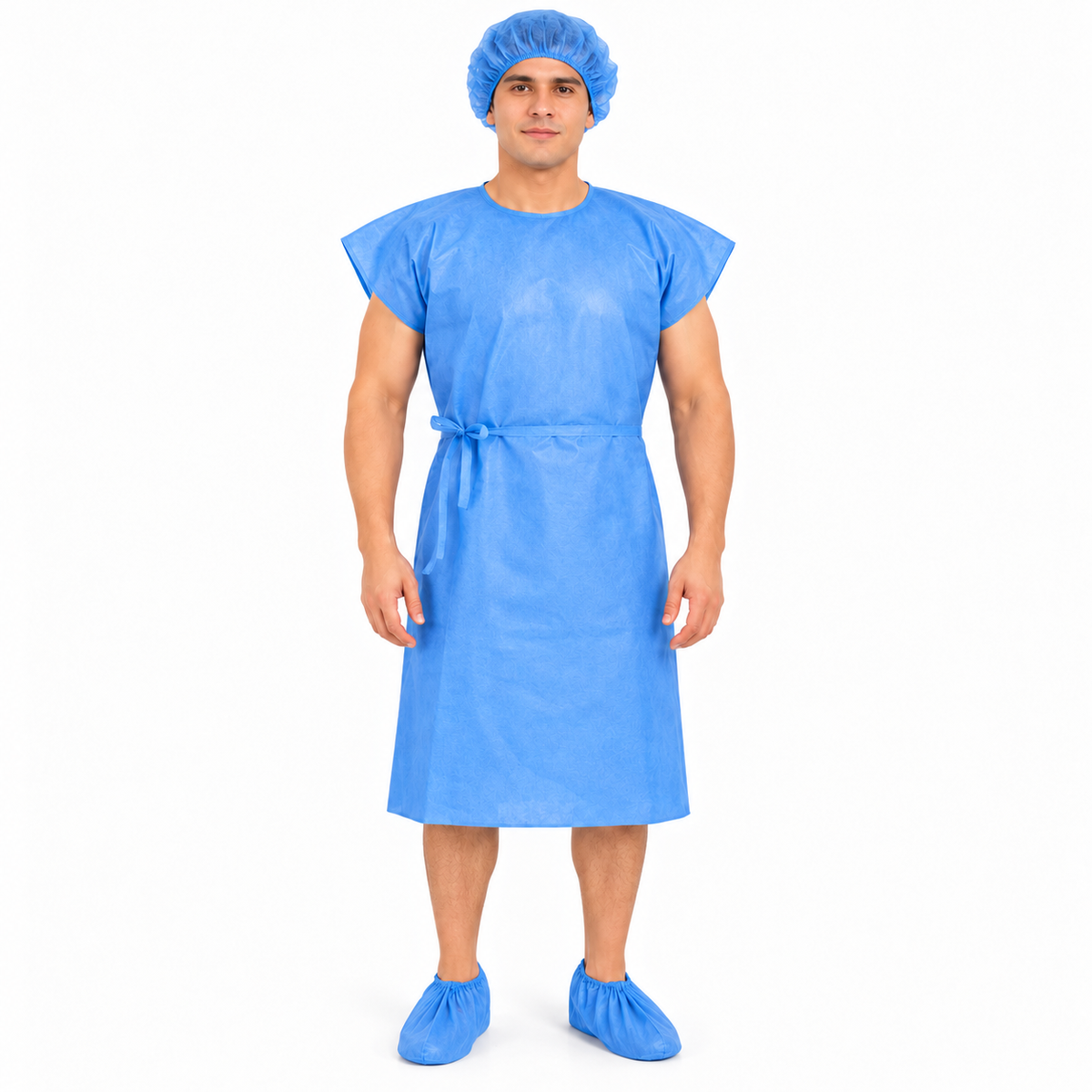 Kit para paciente Allmed con bata japonesa, gorro y polaina desechables para procedimientos médicos.