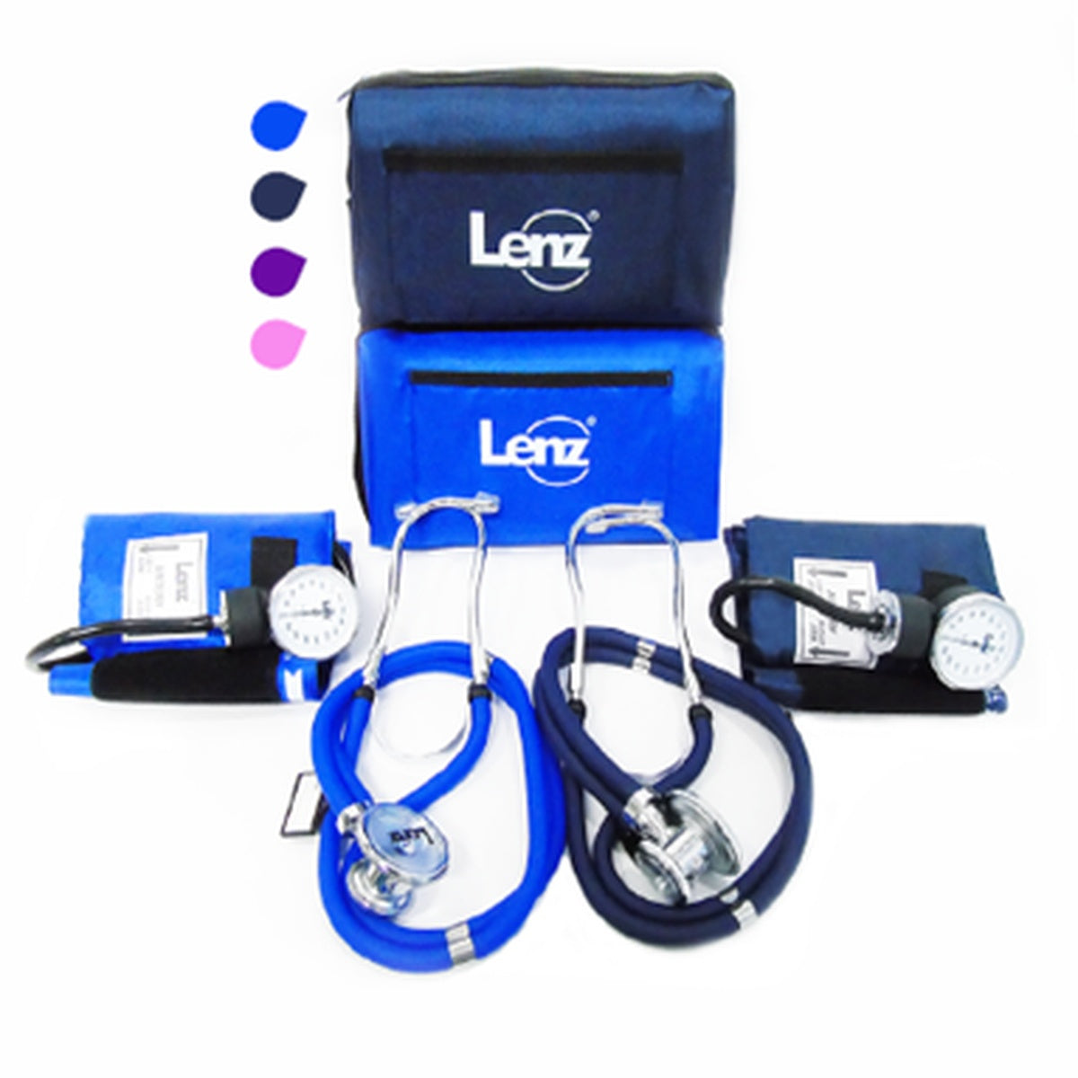 Kit de tensiómetro aneroide y fonendoscopio Rappaport GZ-50 en color navy, incluye manómetro, brazalete de nylon y estuche de transporte.