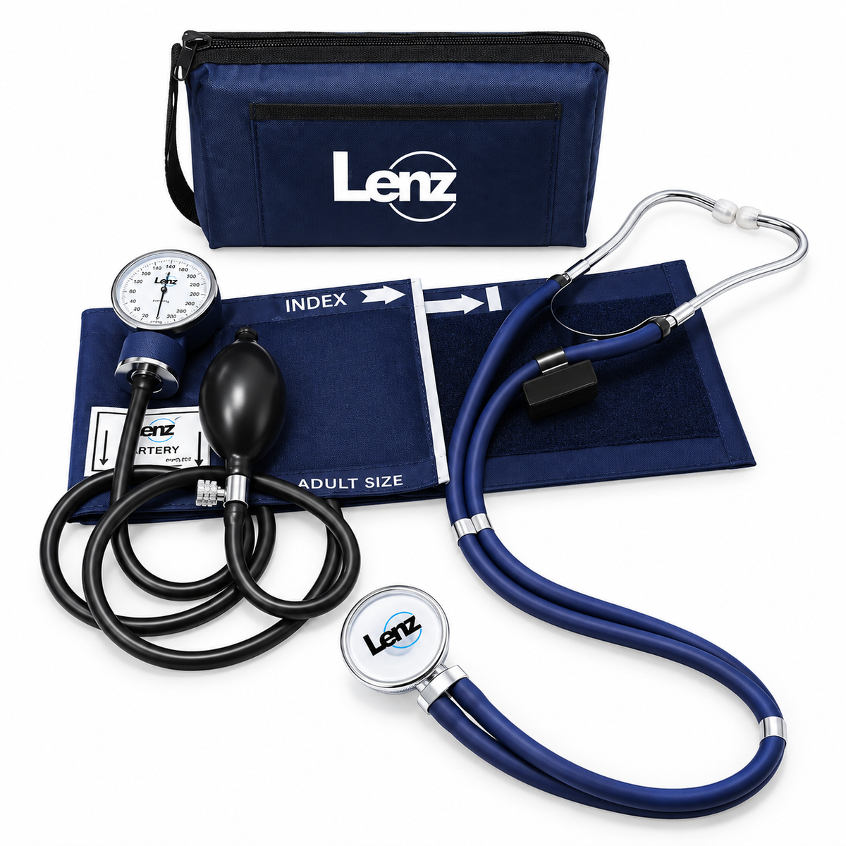 Kit Lenz color navy con tensiómetro y fonendoscopio, diseñado para apoyar la medición de presión arterial y la auscultación clínica.
