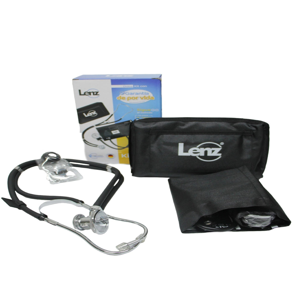 Kit de tensiómetro manual y fonendoscopio Rappaport, referencia GZ-50, en color negro, con estuche de transporte y accesorios.