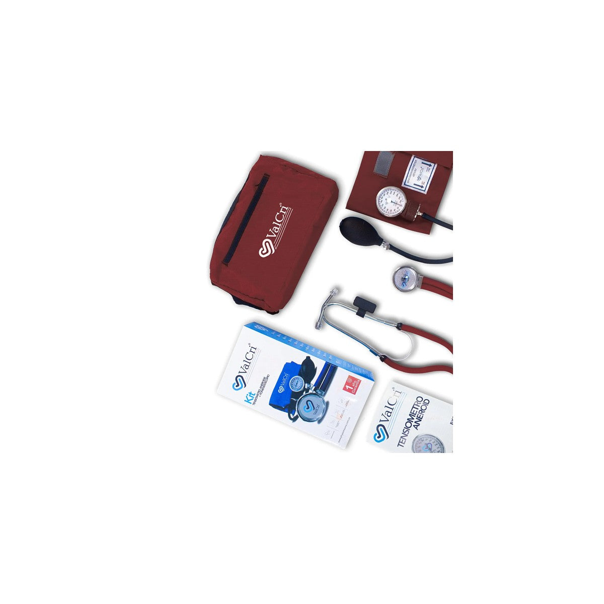 Kit de tensiómetro aneroide y fonendoscopio Rappaport VALCRI BK2002 en manicartera, color vino tinto, incluye manómetro rojo y accesorios.
