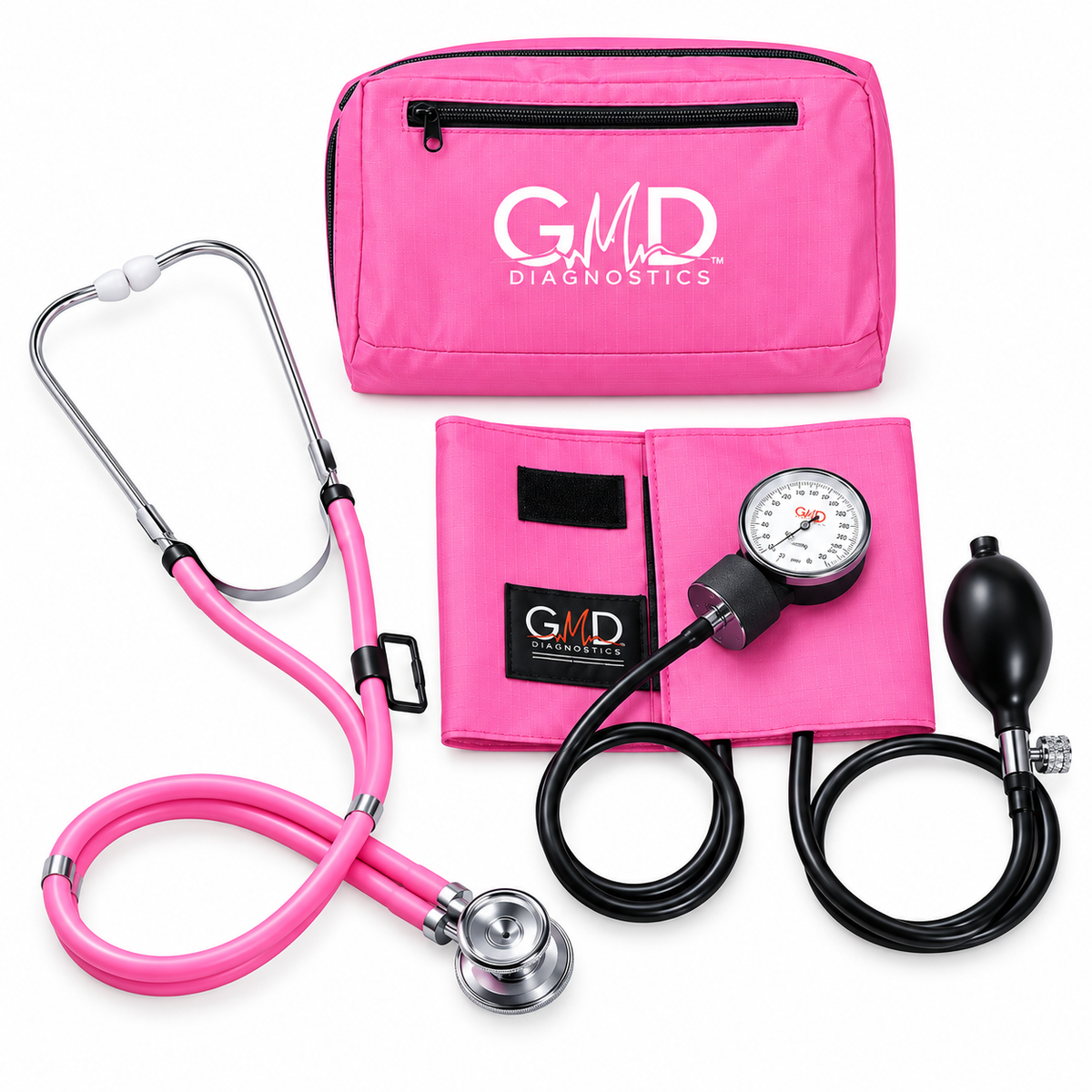 Kit Colors con tensiómetro y fonendoscopio Rappaport de doble campana color rosa, diseñado para apoyar la valoración de signos vitales.