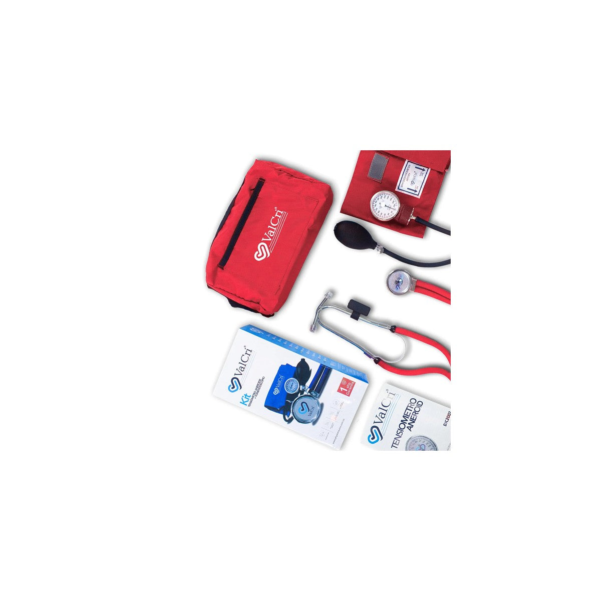 Kit de tensiómetro y fonendoscopio rojo, modelo BK2002KITB de Valcri, con diseño ergonómico y acabado en color rojo brillante.