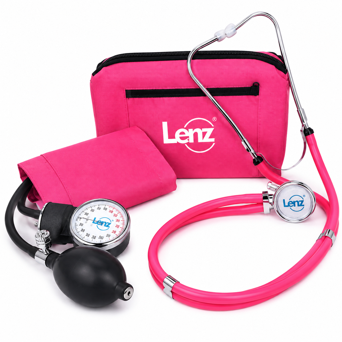 Kit Lenz color rosado con tensiómetro y fonendoscopio, diseñado para apoyar la medición de presión arterial y la auscultación clínica.