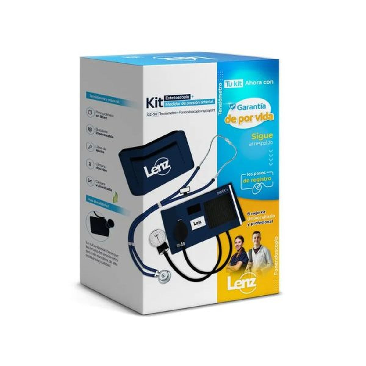 Kit de tensiómetro aneroide manual y fonendoscopio Rappaport, color azul rey, en estuche, incluye brazalete de nylon y olivas de repuesto.