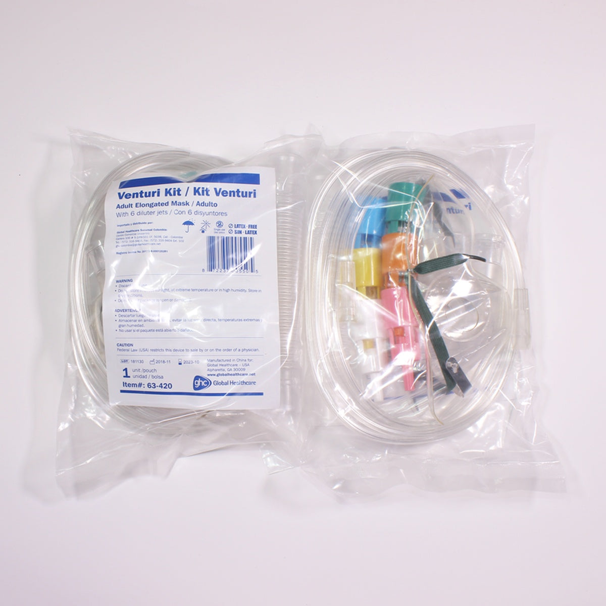 Kit Venturi adulto de Global Healthcare, incluye 6 disyuntores de PVC codificados por color, máscara facial de vinilo transparente y tubo corrugado.