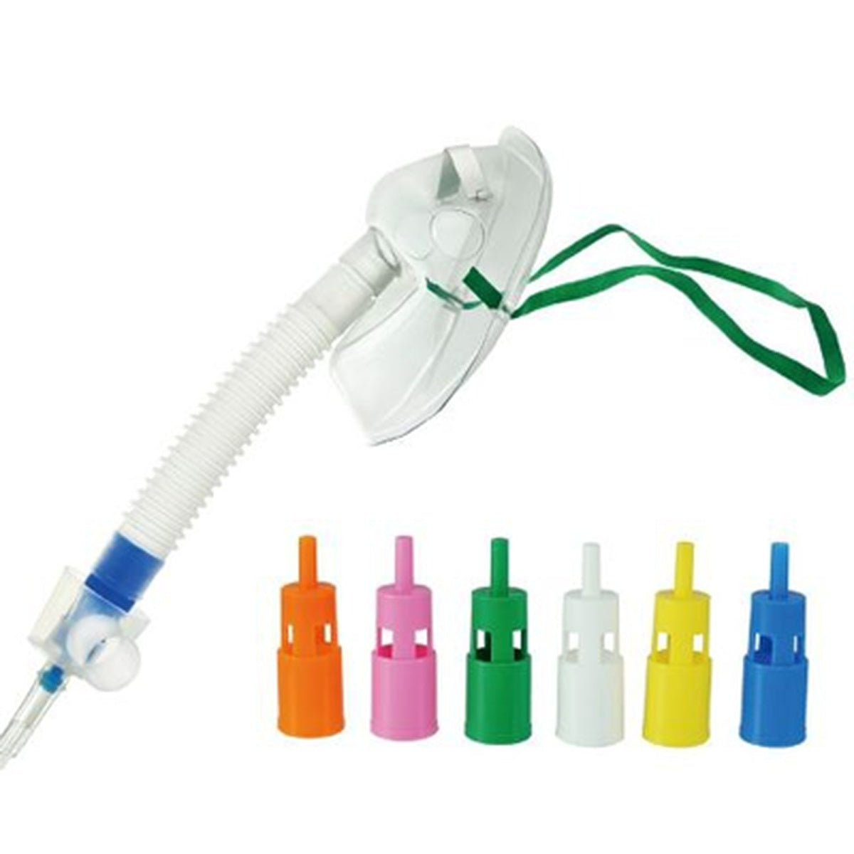 Kit Venturi pediátrico de Global Healthcare, incluye mascarilla de vinilo transparente, banda elástica, tubo corrugado y 6 disyuntores codificados por color.