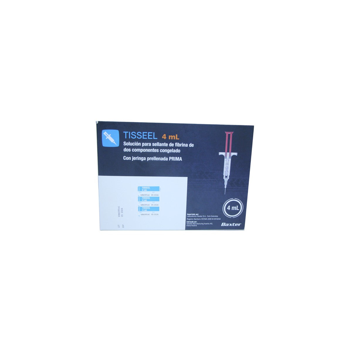 Tisseel Prima Kit Vial 4ml Congelado de Baxter, solución hemostática en vial, con un diseño compacto y color transparente.