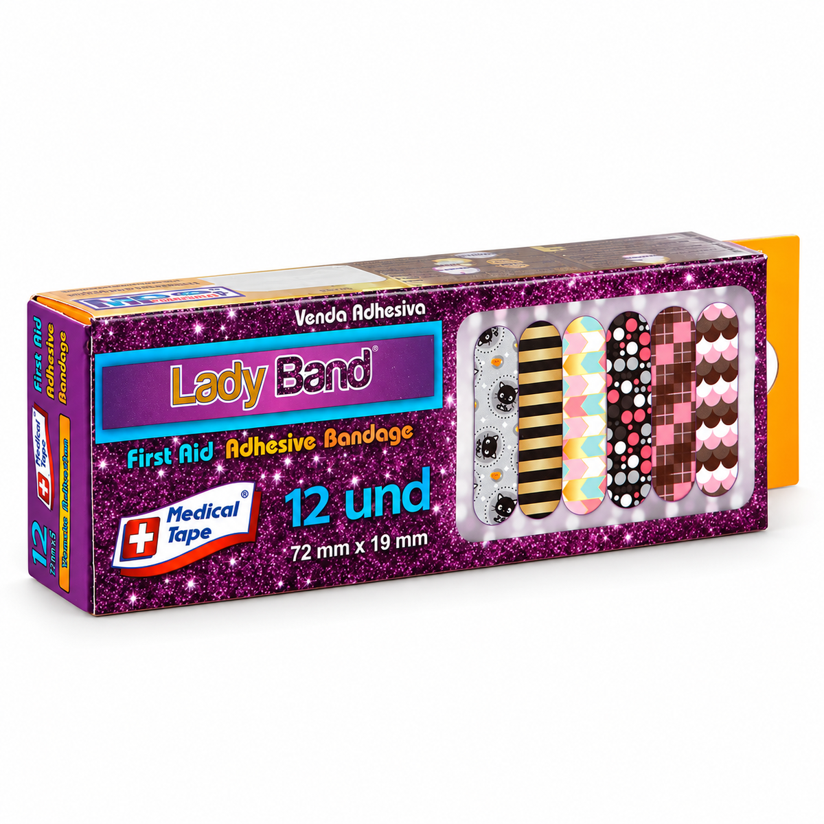 Curas adhesivas Lady Band Medical Tape en caja de 12 unidades para protección y cuidado de heridas menores.