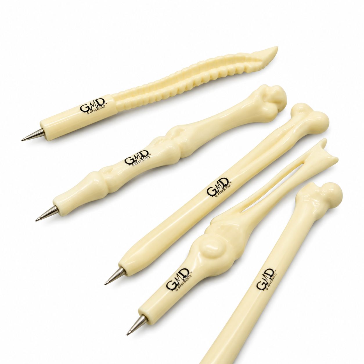 Juego de 5 lapiceros anatómicos GMD con forma de huesos, ideal para estudiantes y profesionales de la salud.