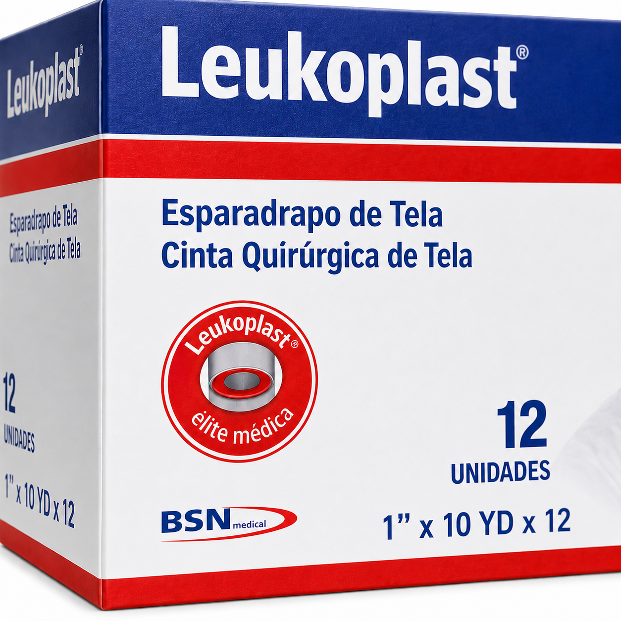Esparadrapo Leukoplast de tela 1 pulgada x 10 yardas caja por 12 rollos para fijación médica resistente.