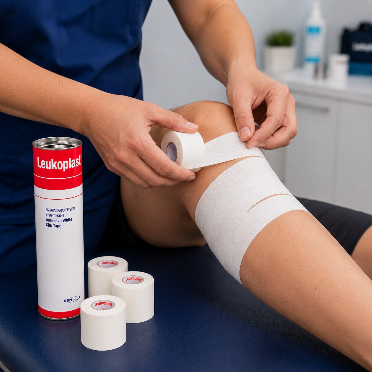 Leukoplast TH Especial 2 pulgadas TBO aplicado en vendaje de soporte sobre rodilla durante procedimiento de fisioterapia y estabilización articular