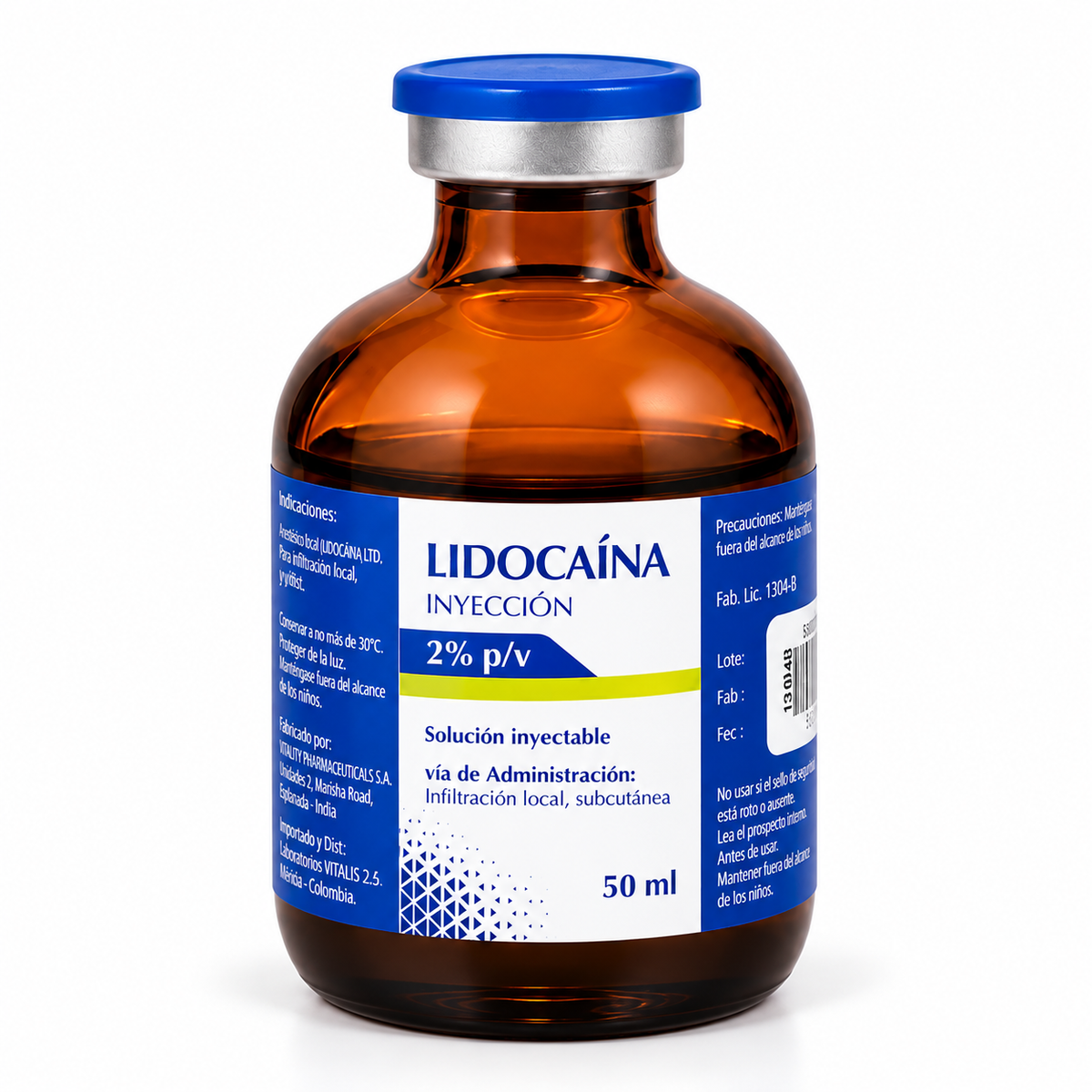 Lidocaína 2% inyectable Sicmafarma en vial de 50 ml, solución de clorhidrato para uso médico.