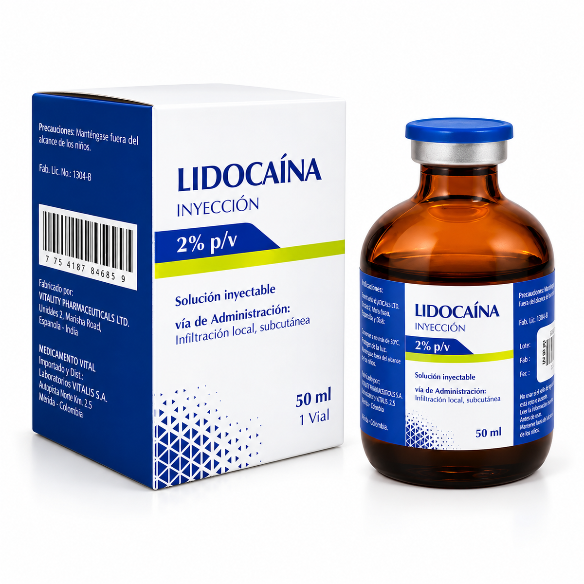 Lidocaína clorhidrato 2% inyectable Sicmafarma, presentación en vial de 50 ml para uso médico.