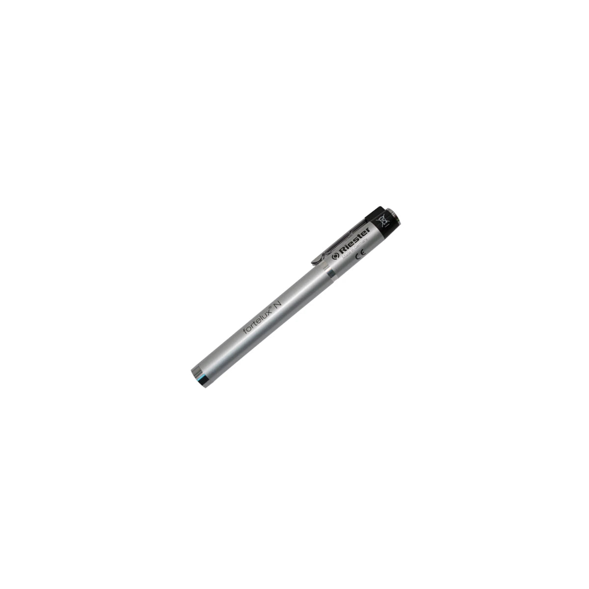 Linterna de bolsillo Riester modelo 01003975, LED compacta, de color negro, ideal para uso clínico y diagnóstico.