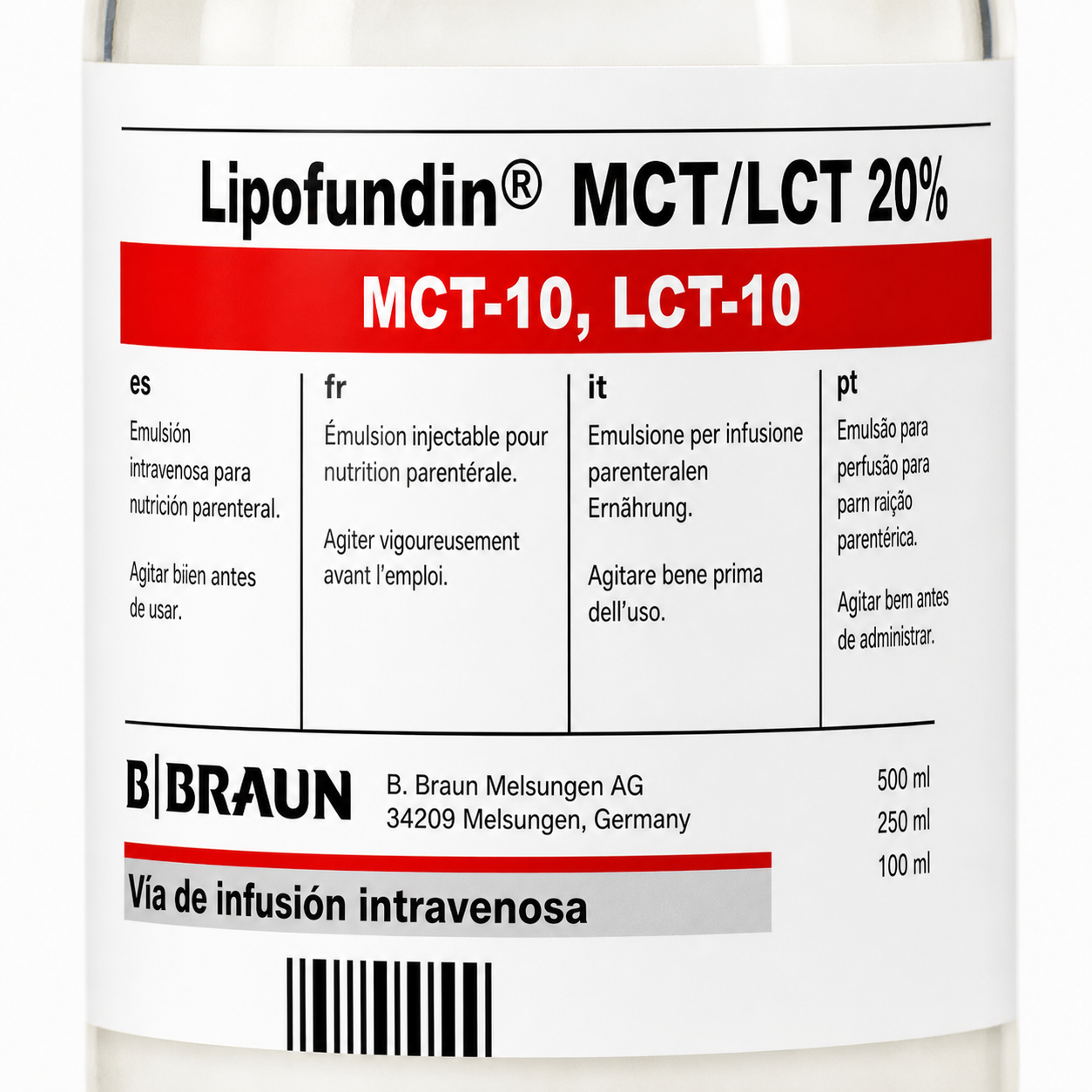 Detalle etiqueta Lipofundin MCT LCT 20 de B Braun con información de emulsión intravenosa para nutrición parenteral