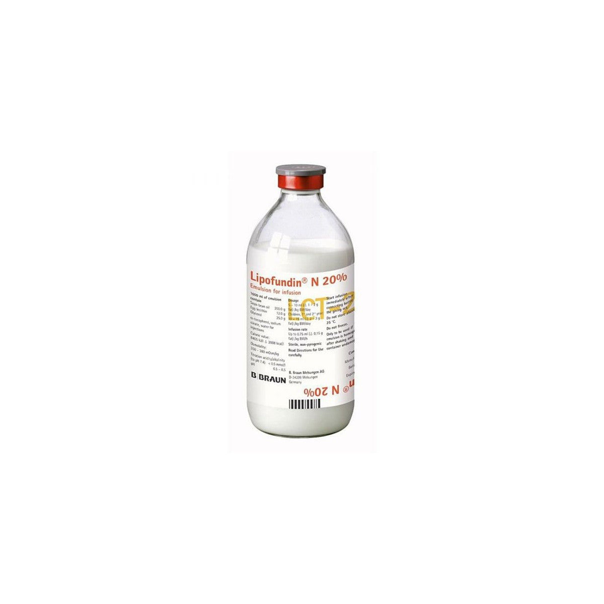 Lipofundin MCT/LCT 20% solución en frasco de 500 ml, emulsión lipídica para nutrición parenteral, color blanco opaco.