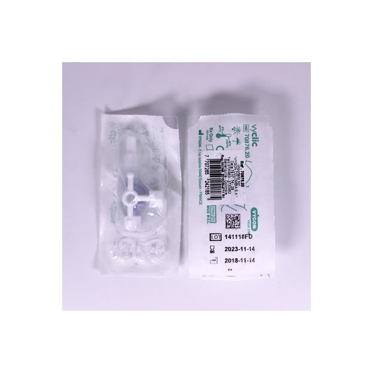 Llave plástica 3 vías Vygon Ref 70876.20, color blanco, diseñada para conexiones en sistemas de fluidos médicos.